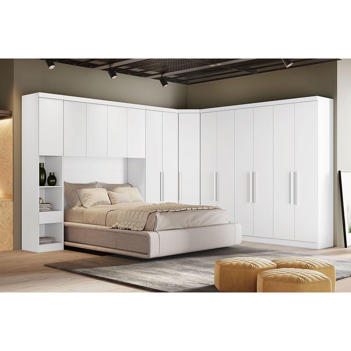 Quarto Casal Modulado Rizon 5 Pecas 1 Armario Ponte 1 Closet 2 Guarda Roupas 1 Complemento Qc204 Branco Novo Horizonte