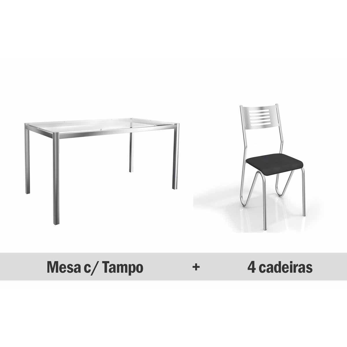 Conjunto Mesa De Cozinha Reno C Tampo De Vidro 150cm 4 Cadeiras Napoles 150 Cromada Preto Kappesberg