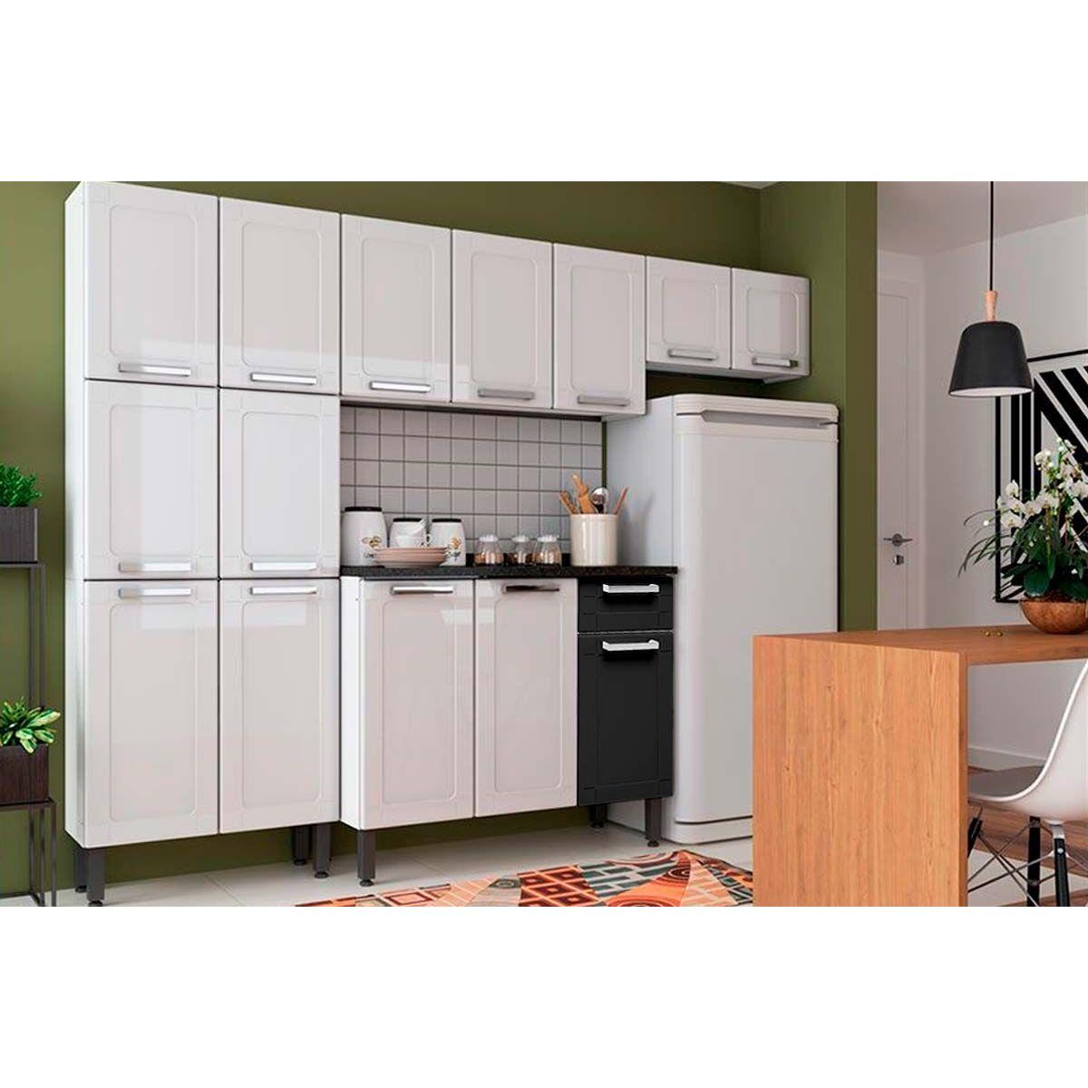 Cozinha Modulada Bertolini Multipla 4 Pecas 2 Armarios 1 Balcao 1 Paneleiro C4p72 Branco Preto