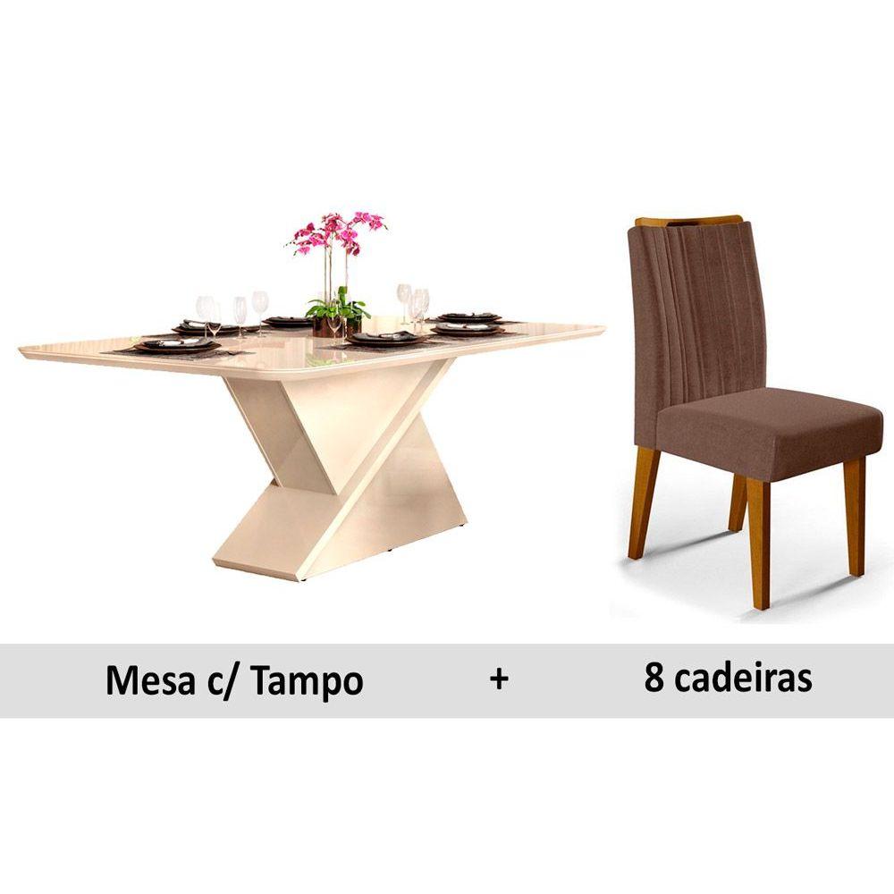 Conjunto Mesa Sala Jantar Zafira Madeirado C Vidro 200cm 8 Cadeiras Isis Ipe Ow Moca Dj Moveis