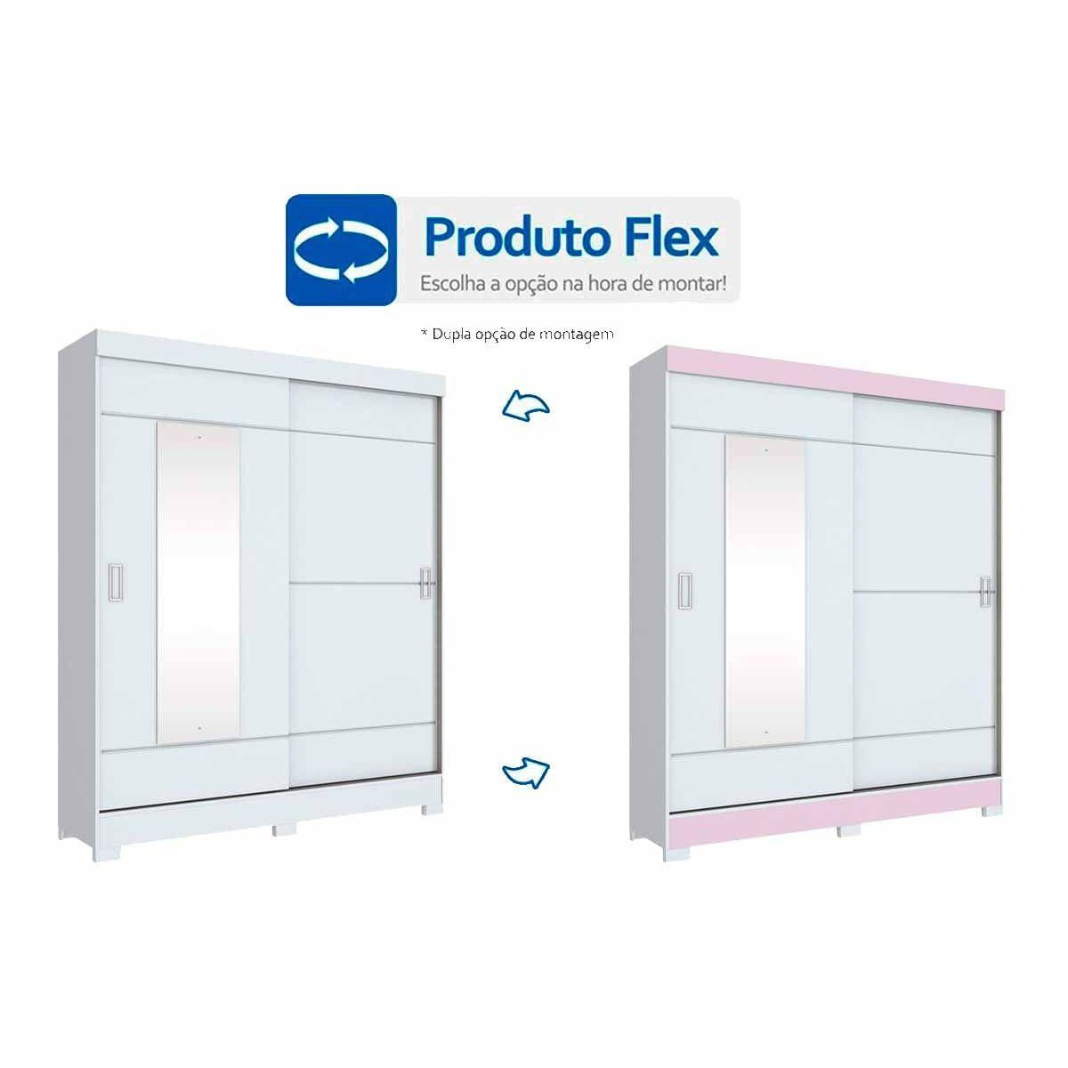 Guarda Roupa Casal 2 Portas De Correr C Espelho Briz B66 Branco Rosa Henn