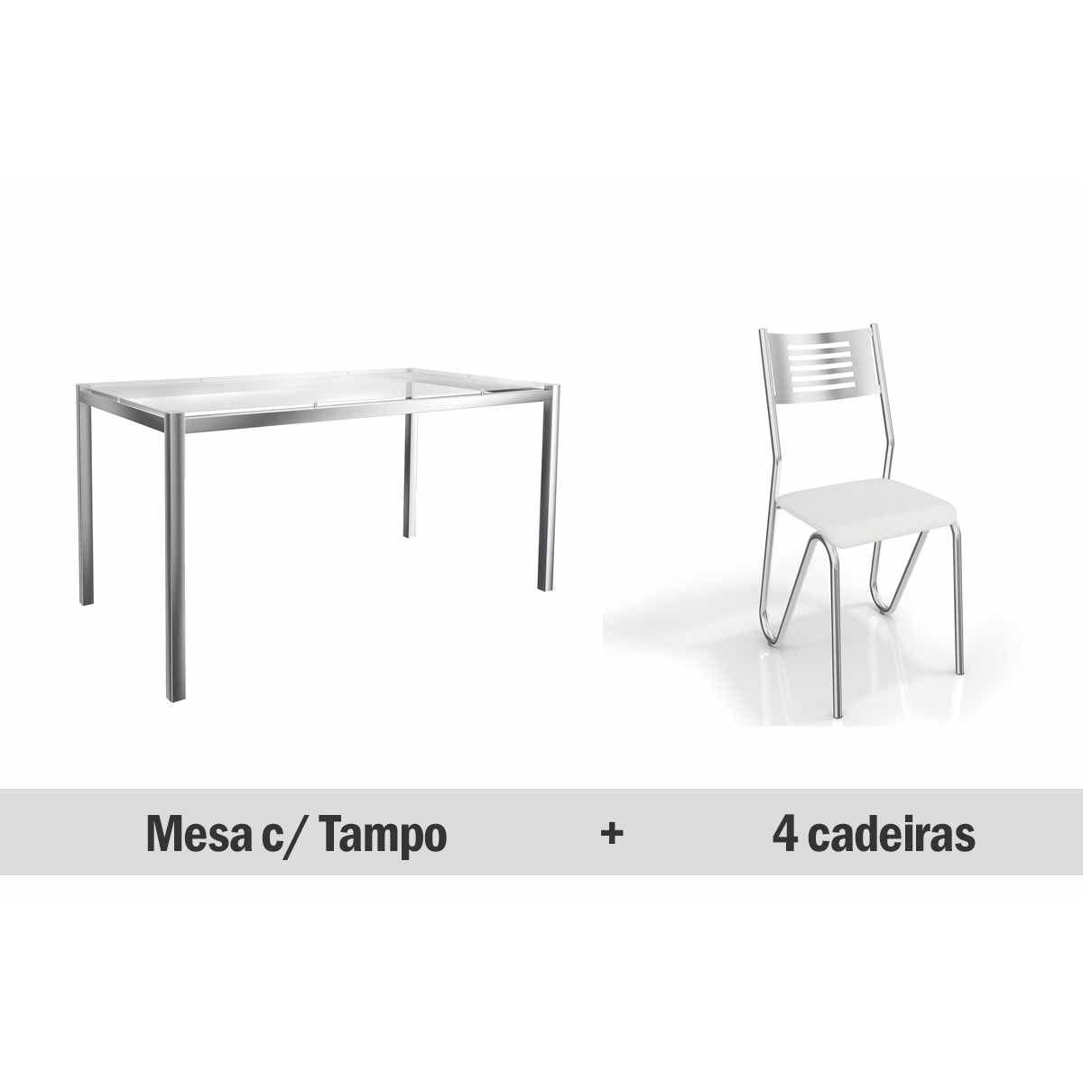 Conjunto Mesa De Cozinha Reno C Tampo De Vidro 150cm 4 Cadeiras Napoles 150 Cromada Branco Kappesberg