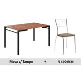 Conjunto Mesa De Cozinha 1526 Tampo Madeirado 136cm Canto Reto 6 Cadeiras 1700 Preto Cromado Conhaque Carraro