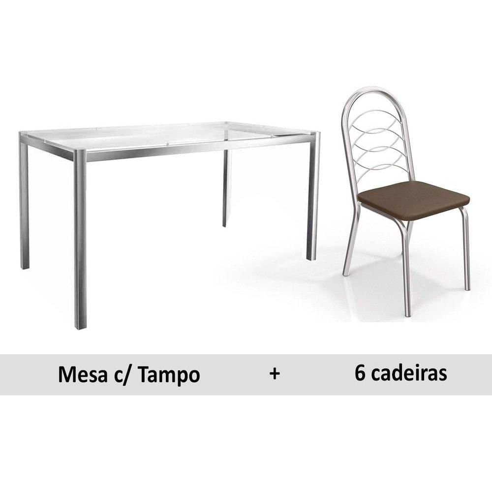 Conjunto Mesa Sala Jantar Reno C Tampo Vidro 150cm 6 Cadeiras Holanda Cromado Courano Marrom Kappesberg