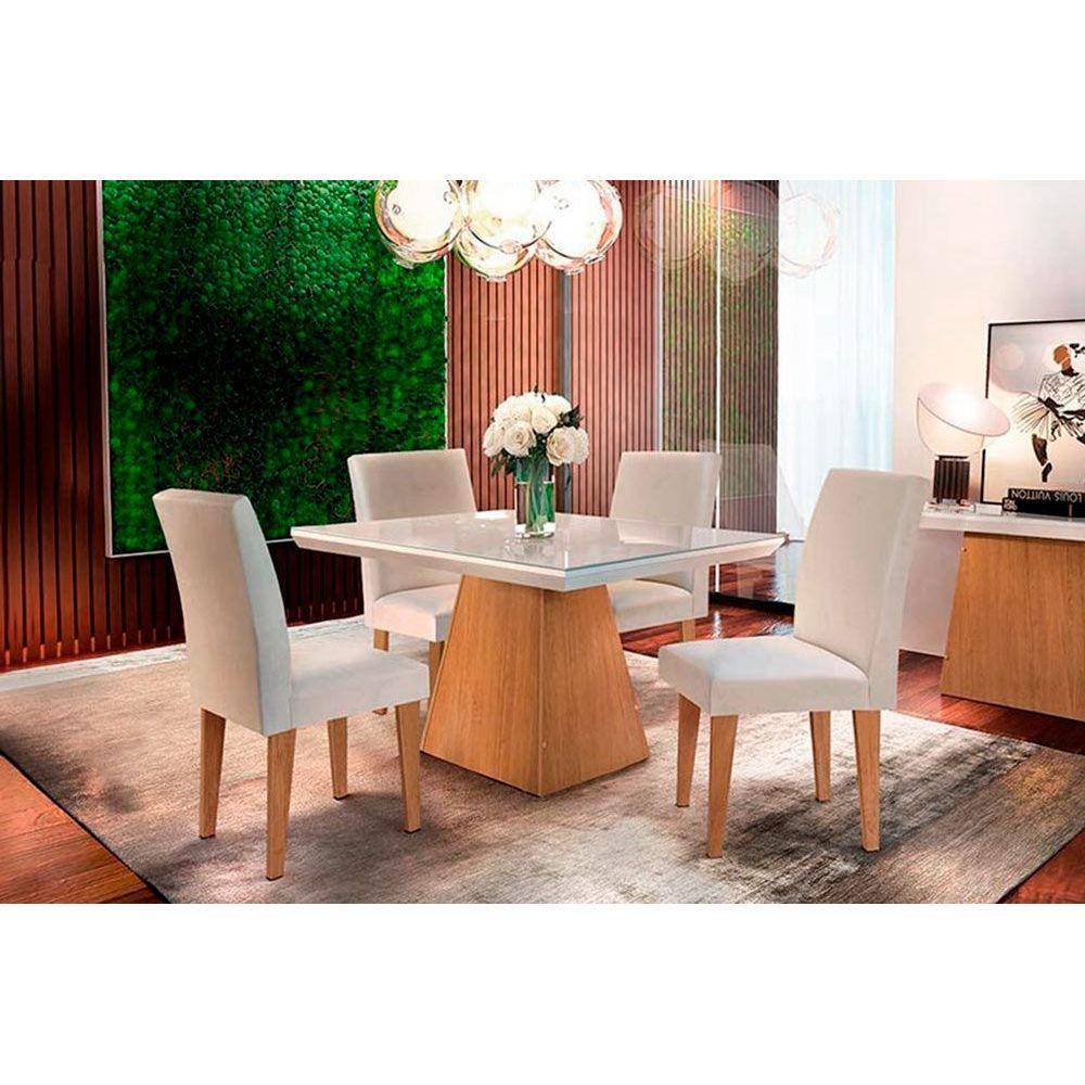 Conjunto Mesa Sala Jantar Luna Tampo Madeirado C Vidro 120cm Canto Reto 6 Cadeiras Grecia Imbuia Creme Rufato