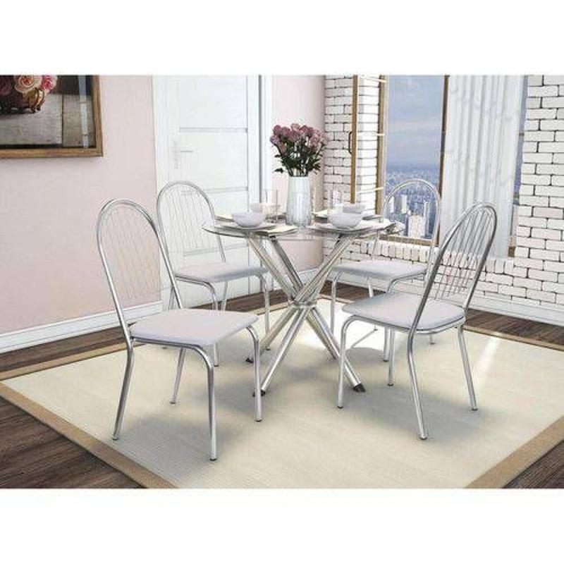 Conjunto Mesa De Cozinha Volga C Tampo Vidro 95cm 4 Cadeiras Noruega Cromada Branco Kappesberg