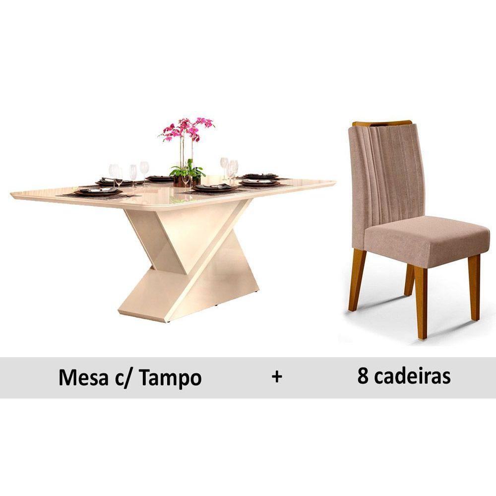 Conjunto Mesa Sala Jantar Zafira Madeirado C Vidro 200cm 8 Cadeiras Isis Ipe Ow Kraft Dj Moveis