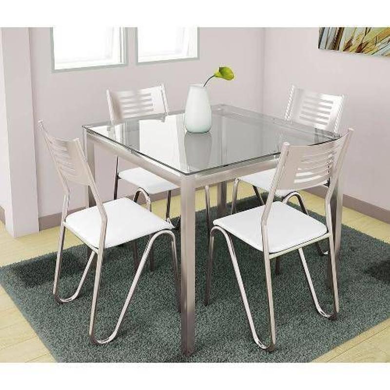 Conjunto Mesa De Cozinha Reno C Tampo Vidro 90cm 4 Cadeiras Napoles Cromada Branco Kappesberg