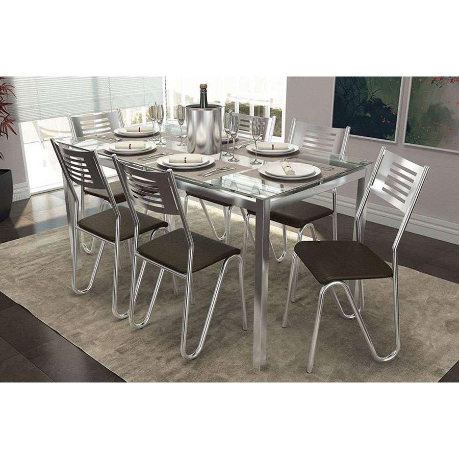 Conjunto Mesa De Cozinha Reno C Tampo Vidro 150cm 6 Cadeiras Napoles Cromado Marrom Kappesberg