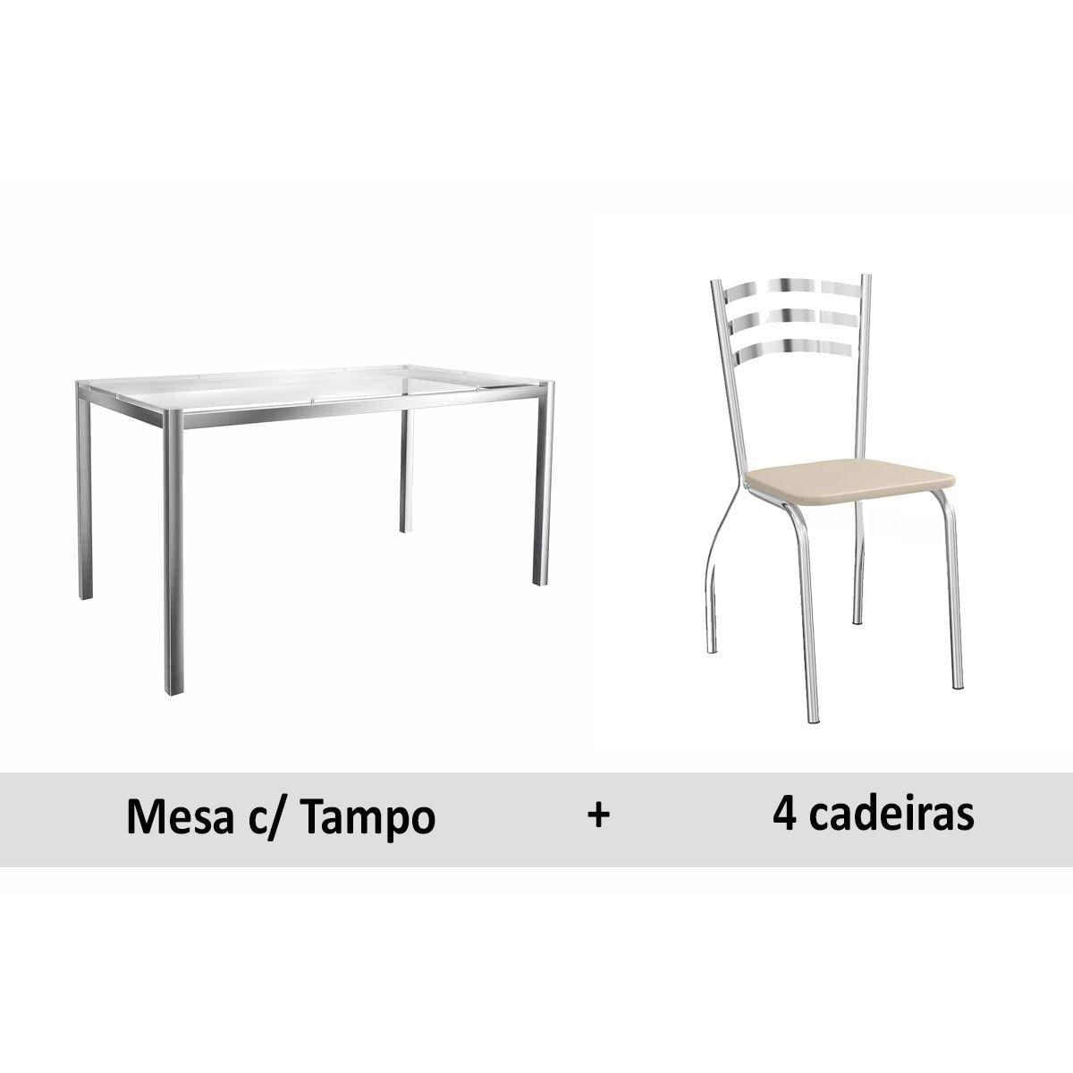 Conjunto Mesa De Cozinha Reno C Tampo De Vidro 150cm 4 Cadeiras Portugal Cromada Nude Kappesberg