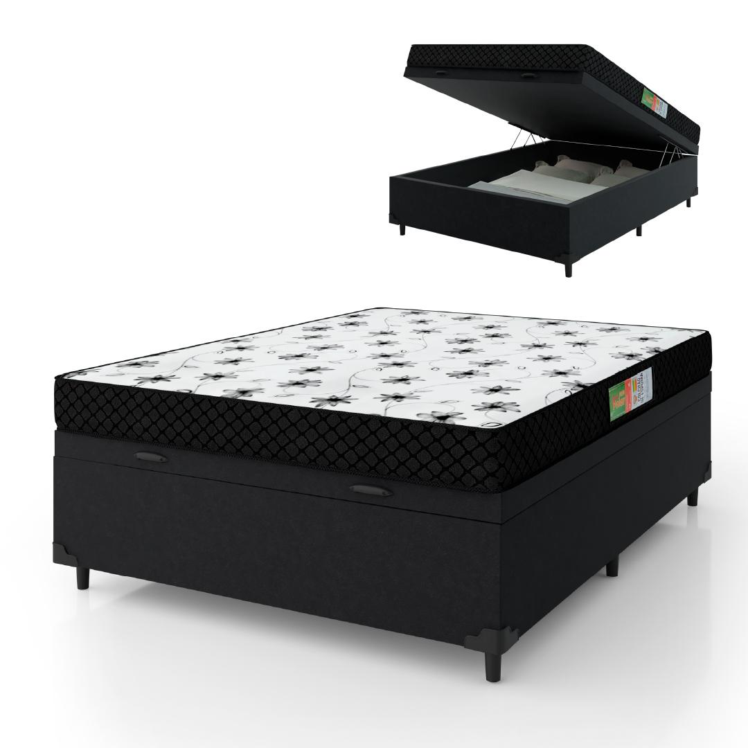 Cama Box Com Baú Casal Colchão Espuma 138x188x50cm Polar Branco / Preto