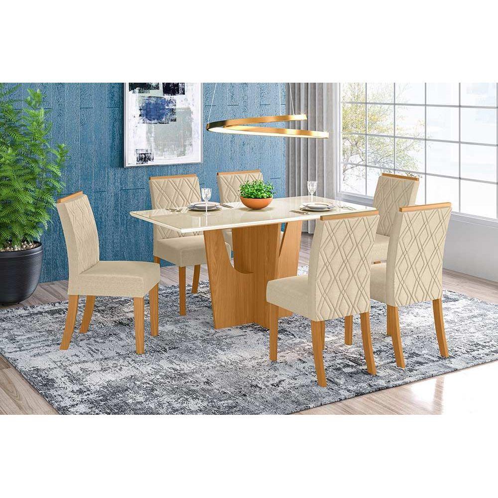 Conjunto Mesa Sala Jantar Vertice Tampo Madeirado 160cm Canto Reto 6 Cadeiras Vita Nature Linho Henn