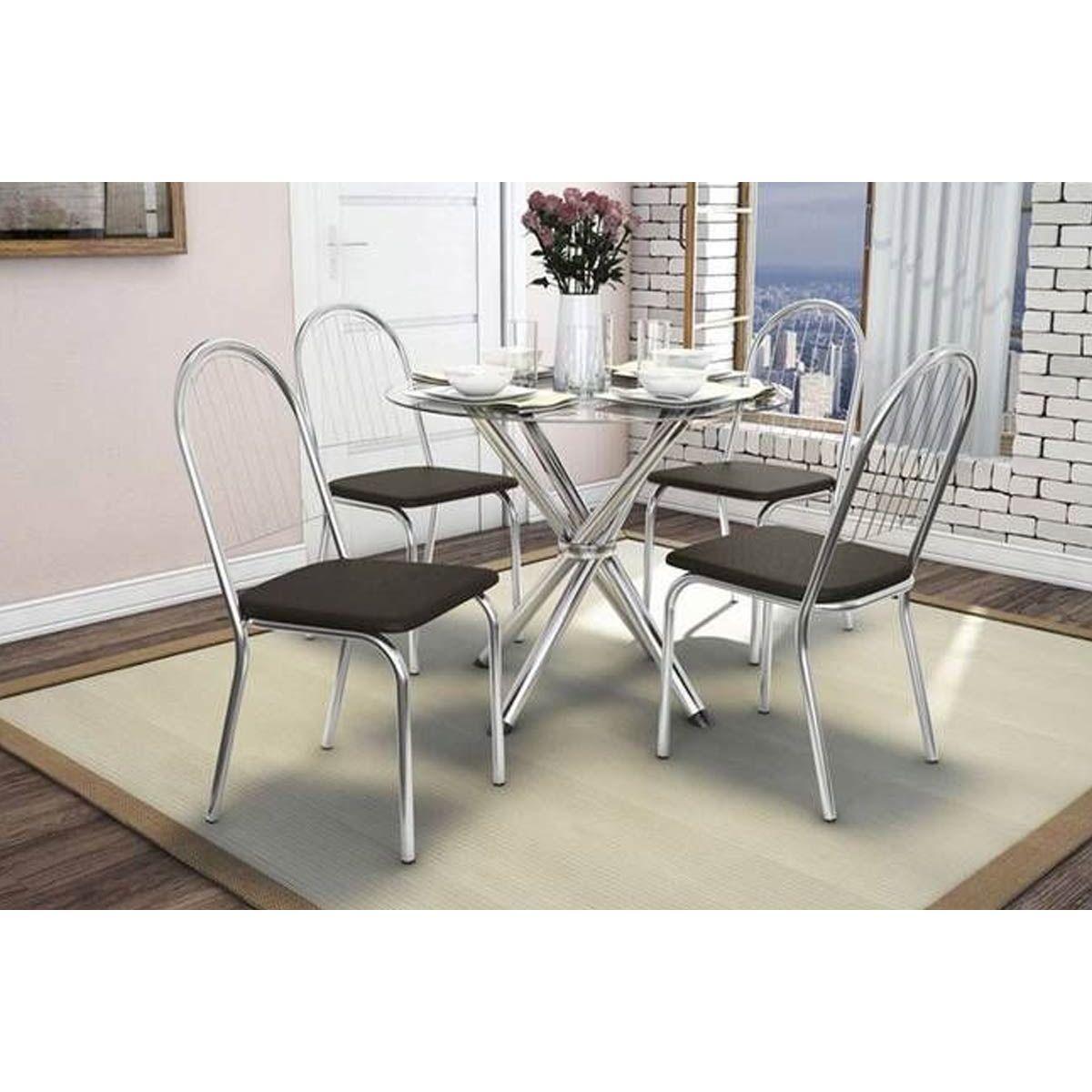 Conjunto Mesa Sala Jantar Volga C Tampo Vidro 95cm 4 Cadeiras Noruega Cromado Courano Marrom Kappesberg