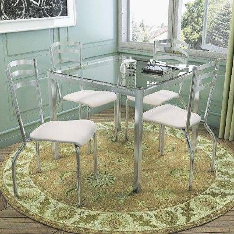 Conjunto Mesa Sala Jantar Reno C Tampo Vidro 90cm 4 Cadeiras Portugal Cromado Courano Branco Kappesberg