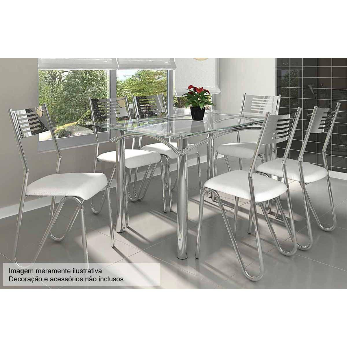 Conjunto Mesa Sala Jantar Elba C Tampo Vidro 140cm 6 Cadeiras Napoles Cromado Courano Branco Kappesberg