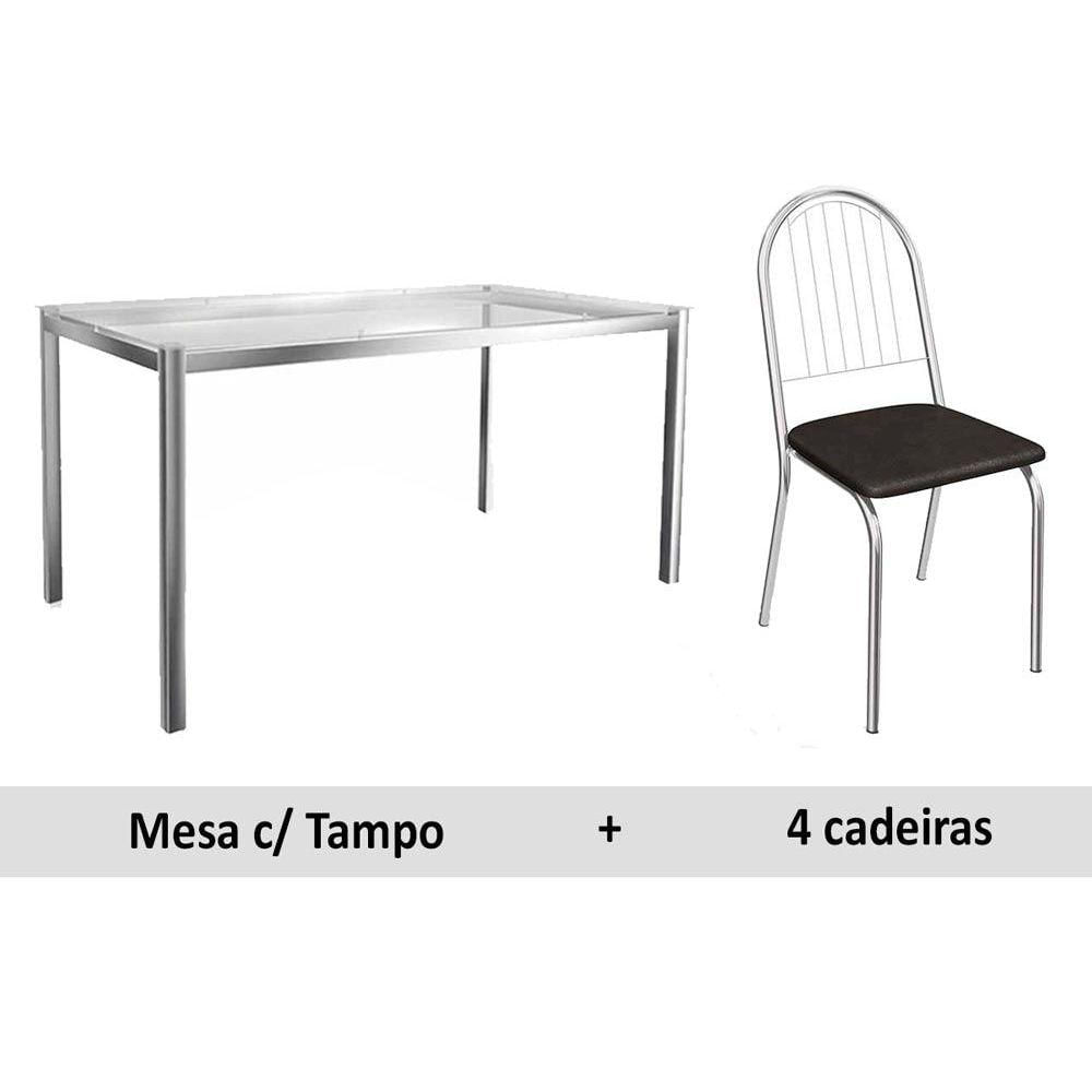 Conjunto Mesa Sala Jantar Reno C Tampo Vidro 150cm 4 Cadeiras Noruega Cromado Courano Preto Kappesberg
