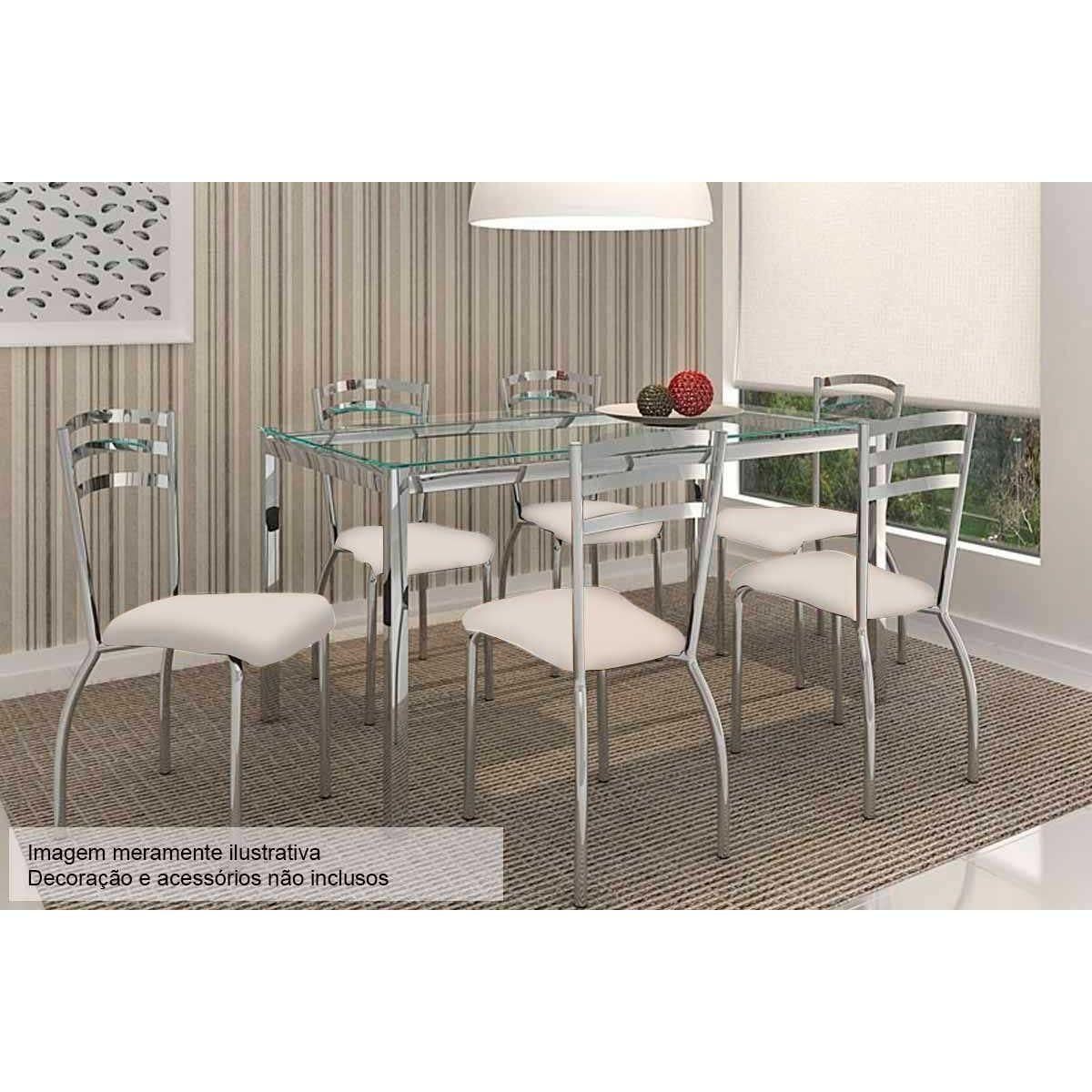 Conjunto Mesa De Cozinha Reno C Tampo De Vidro 150cm 6 Cadeiras Portugal Cromada Nude Kappesberg