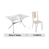 Conjunto Mesa De Cozinha Loire C Tampo De Vidro 150cm 6 Cadeiras Lisboa Cromada Nude Kappesberg