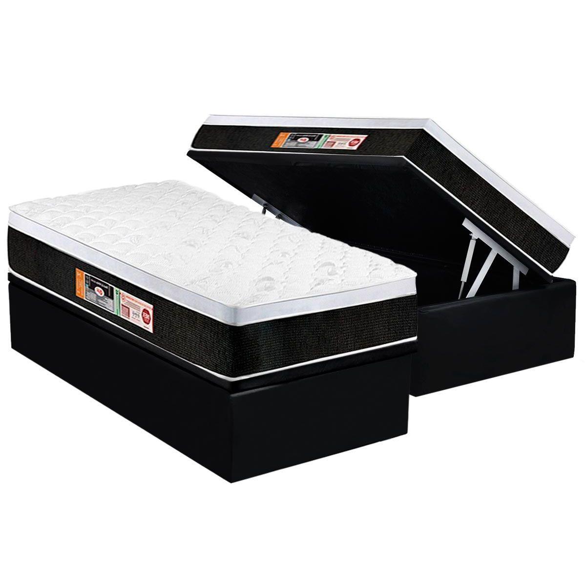 Cama Box Bau Solteiro Colchao Espuma Castor D45 Black E White Air Euro Pillow Base Crc Suede Black 88x188