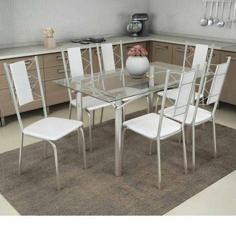 Conjunto Mesa De Cozinha Elba C Tampo Vidro 140cm 6 Cadeiras Lisboa Cromada Branco Kappesberg