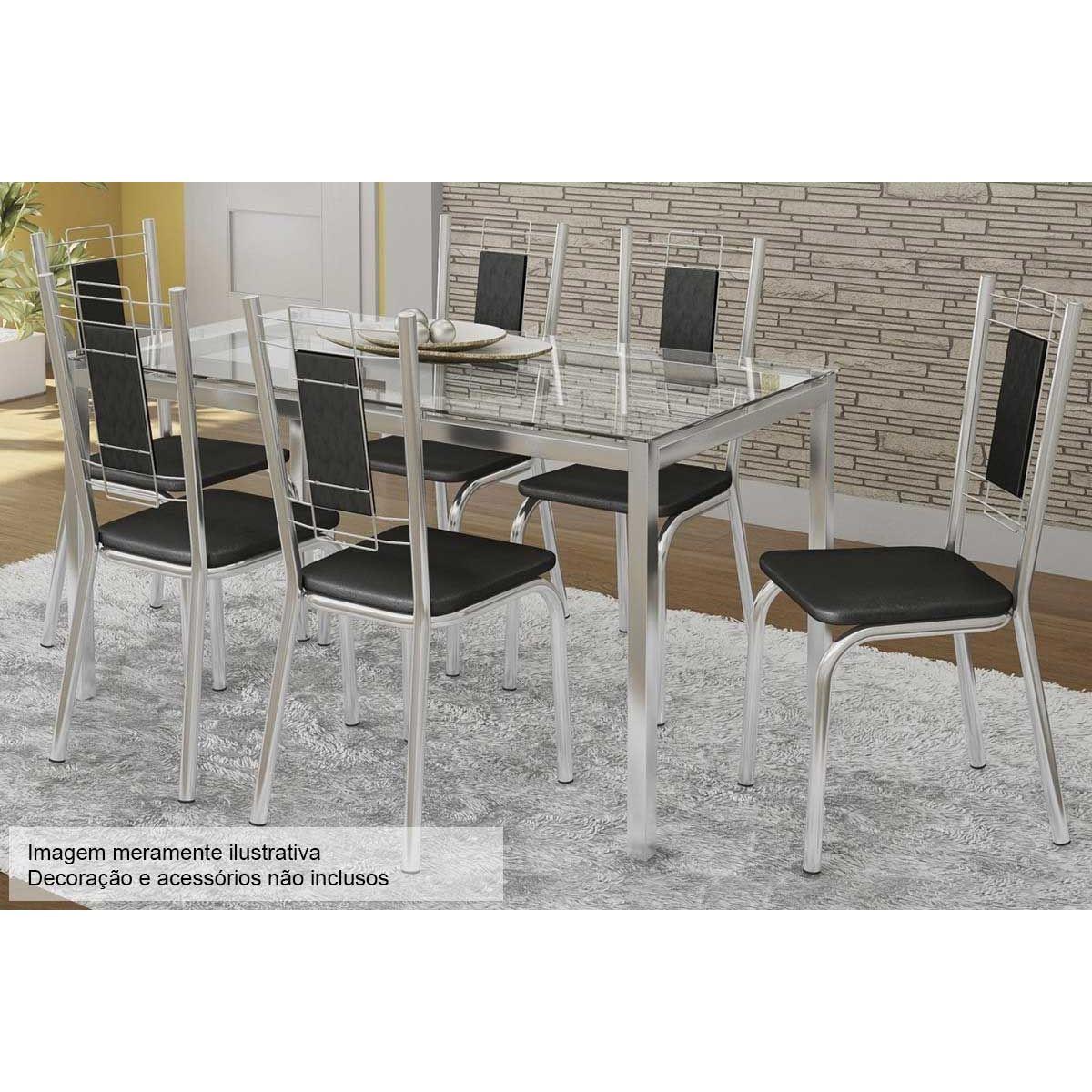 Conjunto Mesa De Cozinha Reno C Tampo Vidro 150cm 6 Cadeiras Florenca Cromada Assento Preto Kappesberg