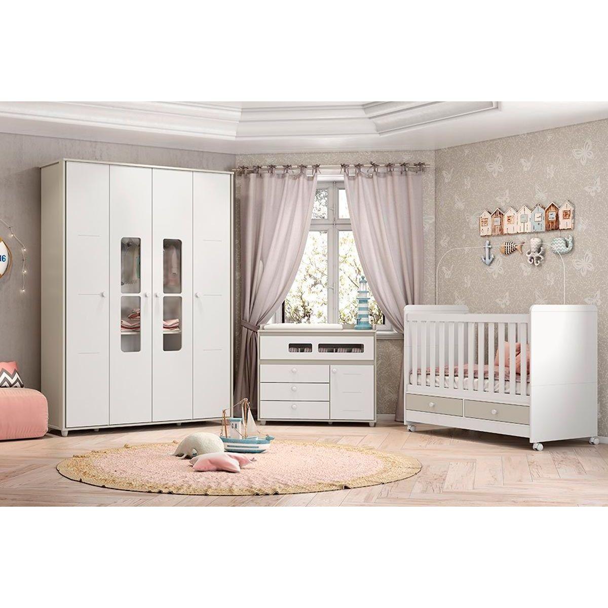 Quarto De Bebe Completo Aquarela 3 Pecas 1 Guarda Roupa 1 Berco 1 Comoda Qi04 Cristal Branco Henn