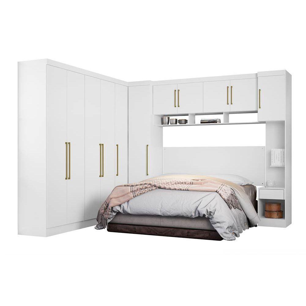 Quarto Modulado Casal Modena Vi 7 Pecas 1 Armario Aereo 4 Guarda Roupas 2 Complementos Qcm60 Branco Demobile