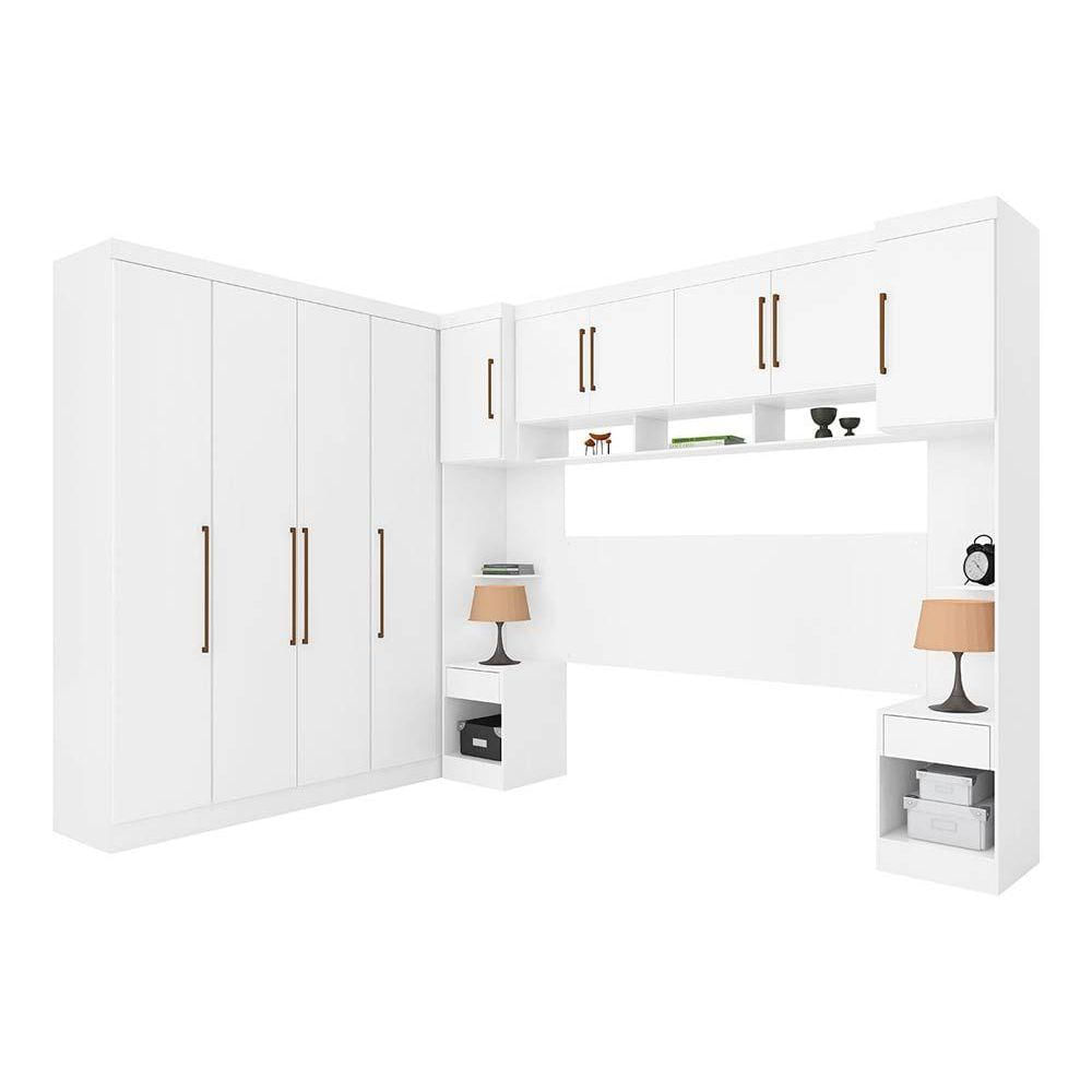 Quarto Modulado Casal Modena I 7 Pecas 1 Armario Aereo 3 Guarda Roupas 3 Complementos Qcm54 Branco Demobile