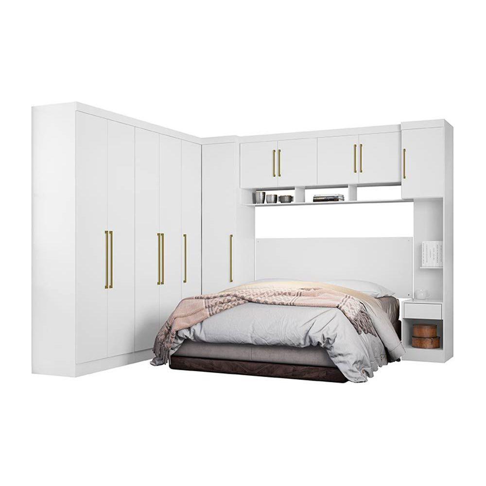 Quarto Modulado Casal Modena Vi 7 Pecas 1 Armario Aereo 4 Guarda Roupas 2 Complementos Qcm61 Branco Demobile