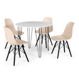 Conjunto Mesa De Jantar Redonda Hairpin 90cm Branca Com 4 Cadeiras Eames Eiffel Base Preta - Nude