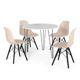 Conjunto Mesa De Jantar Redonda Hairpin 90cm Branca Com 3 Pés + 4 Cadeiras Eames Eiffel Base Preta - Nude