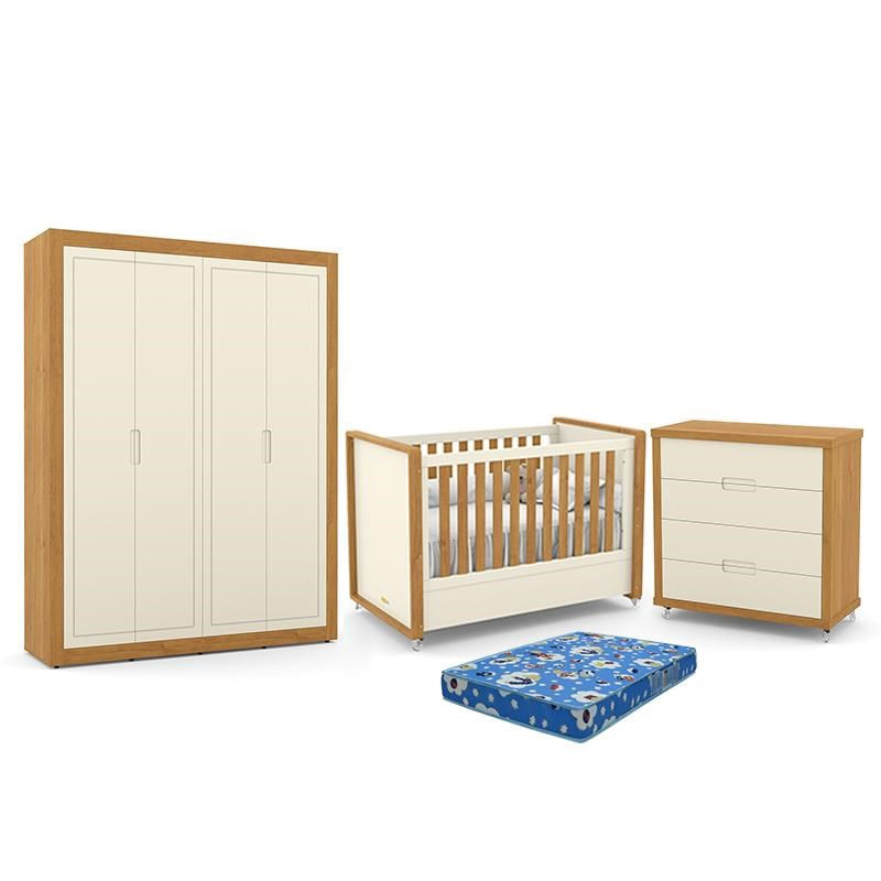 Dormitório Tutto New 4 Portas, Cômoda 4 Gavetas E Berço Off White/freijó Com Colchão - Matic Móveis