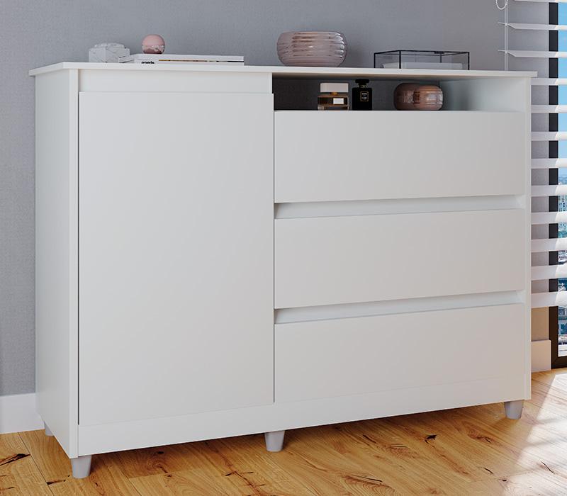 Cômoda Quarto Sky Com 3 Gavetas 1 Porta E Pés Plásticos Branco