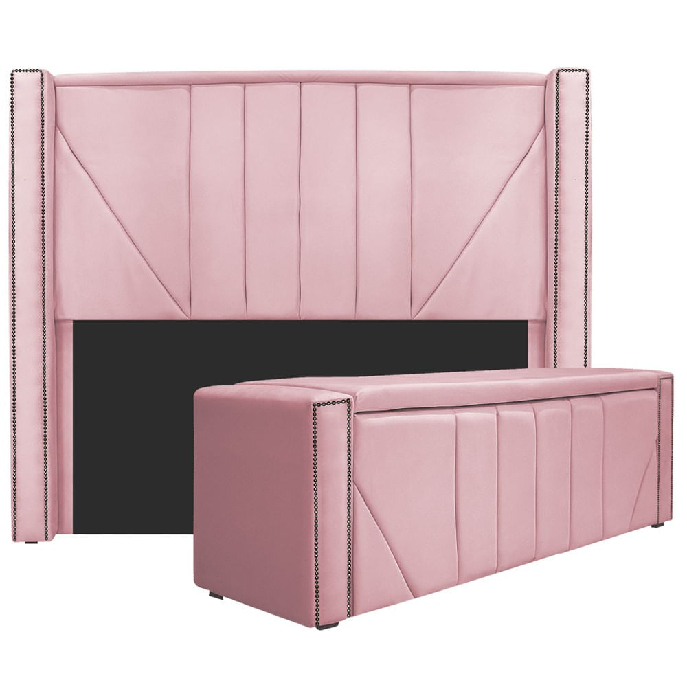 Kit Cabeceira E Calçadeira Baú Casal Minsk P02 140 Cm Para Cama Box Suede Rosa Bebê - Amarena Móveis