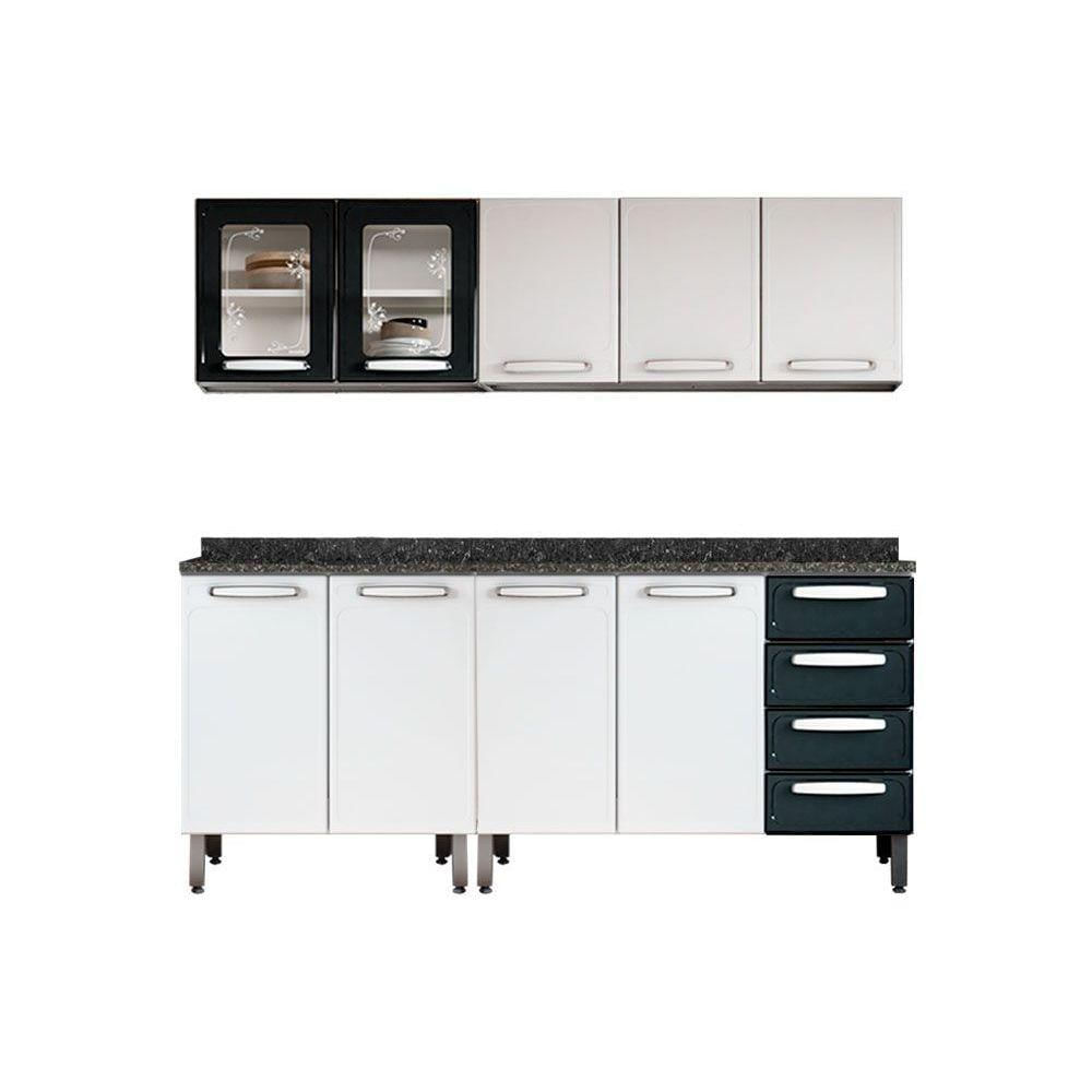 Cozinha Modulada Completa Evidence 4 Pecas 2 Armarios 2 Balcoes C4p51 Branco Preto Bertolini