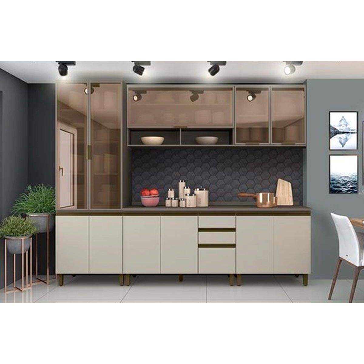 Cozinha Modulada Completa Connect 7 Pecas 2 Armarios 2 Balcoes 1 Paneleiro 2 Complementos C7p03 Duna Cristal Henn