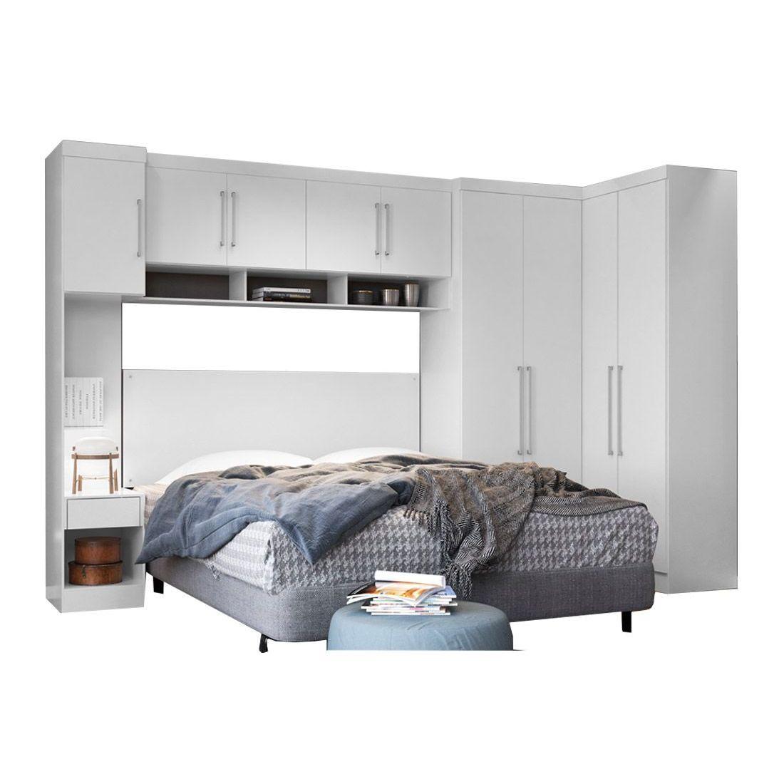 Quarto Modulado Casal Modena V 6 Pecas 1 Armario Aereo 3 Guarda Roupas 2 Complementos Qcm59 Branco Demobile