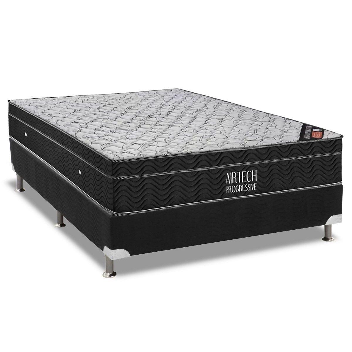 Cama Box Casal Colchao Molas Ortobom Nanolastic Airtech Progressive Base Crc Suede Black 138x188