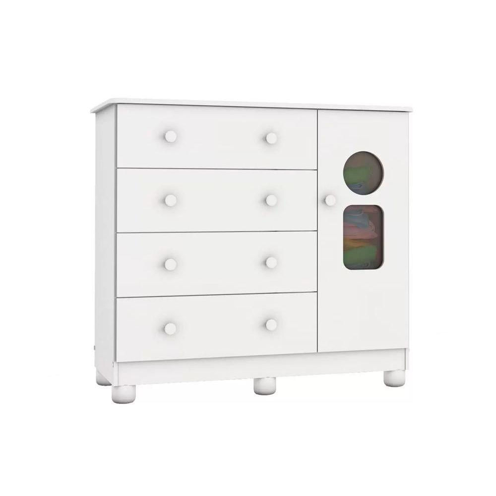 Comoda Bebe Tedy C 1 Porta Cristal E 4 Gavetas Branco Peroba