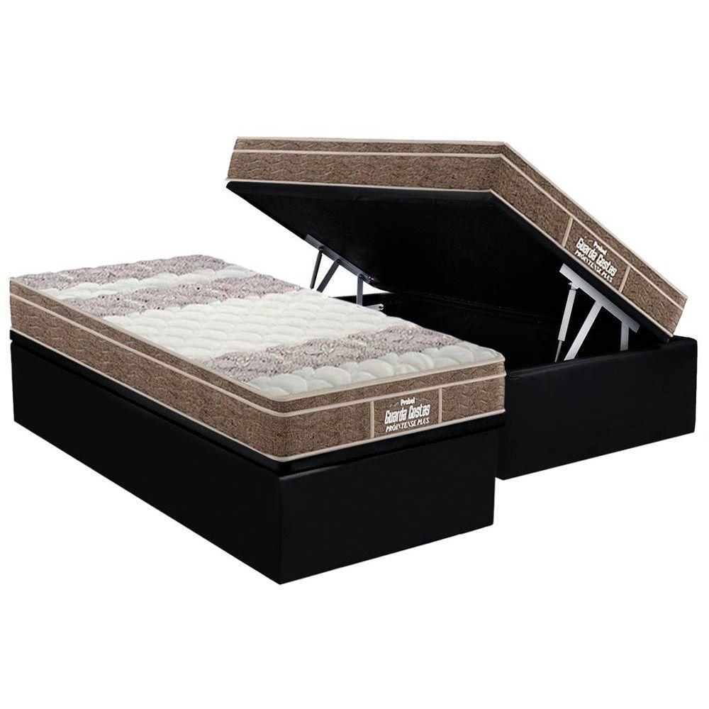 Cama Box Bau Solteiro Colchao Espuma D33 Probel Ep Guarda Costas Prointense Plus Base Crc Suede Black 88x188