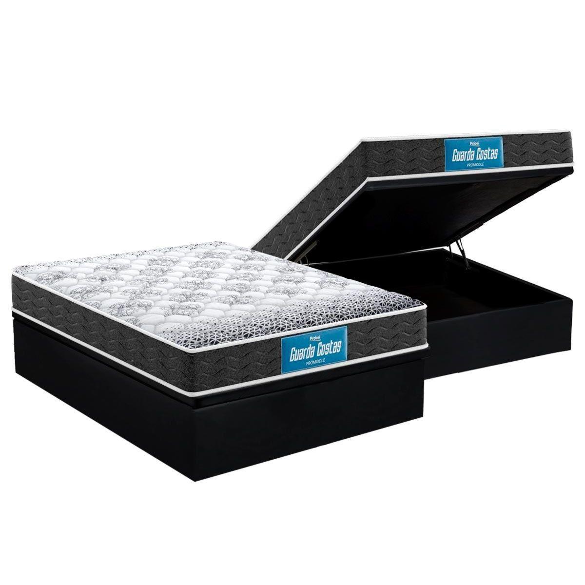 Cama Box Bau Casal Colchao Ortopedico Probel D28 Ep Guarda Costas Promiddle Double Face Base Crc Suede Black 138x188