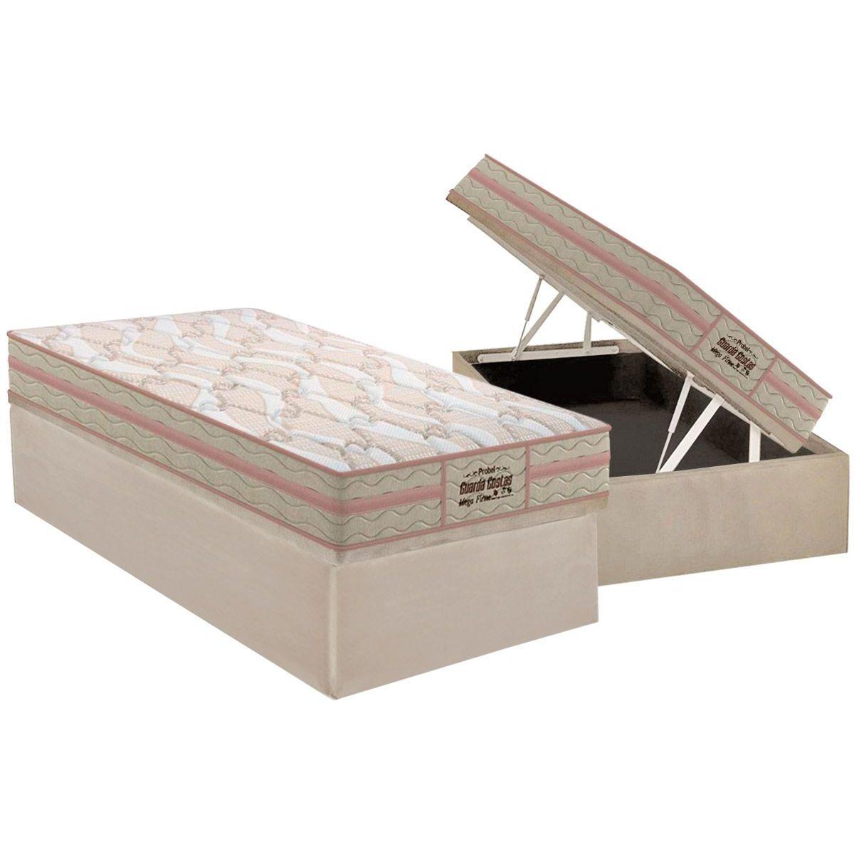 Cama Box Bau Solteiro Colchao Ortopedico Probel D26 Ag65 Guarda Costas Mega Firme Base Crc Suede Clean 88x188