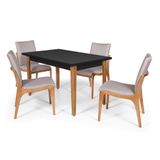 Conjunto Mesa De Jantar Retangular Mabel 135x80cm Preta Com 4 Cadeiras Estofada Em Madeira Garbo Cinza Claro