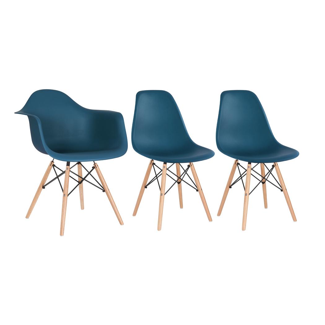 Kit 1 Cadeiras Eames Daw Com Braços + 2 Cadeiras Eiffel Dsw Azul Petróleo