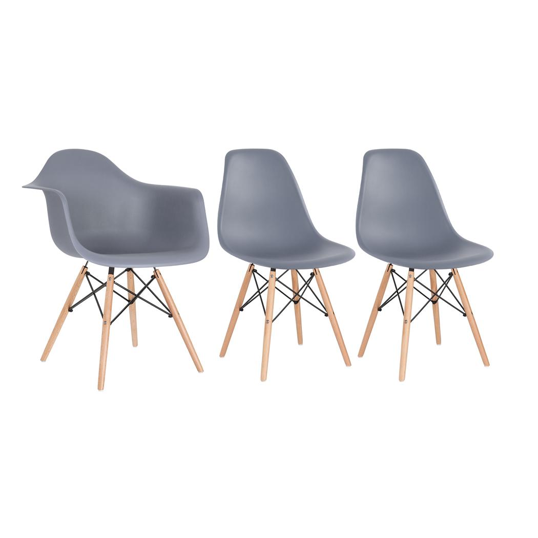 Kit 1 Cadeiras Eames Daw Com Braços + 2 Cadeiras Eiffel Dsw Cinza Escuro