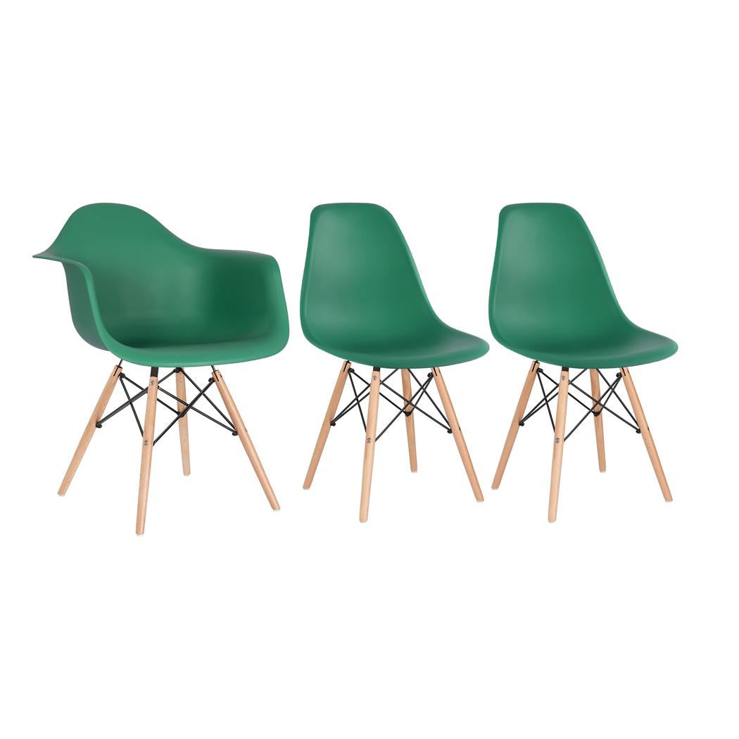 Kit 1 Cadeiras Eames Daw Com Braços + 2 Cadeiras Eiffel Dsw Verde Escuro