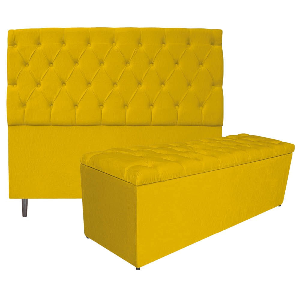 Kit Cabeceira E Calçadeira Liverpool 195 Cm King Size Suede Amarelo - Amarena Móveis