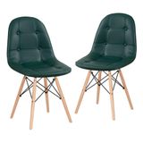 Kit - 2 X Cadeiras Estofadas Eames Eiffel Botonê - Base De Madeira Clara - Verde Escuro