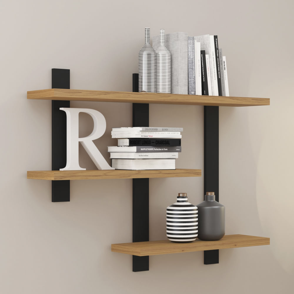 Nicho Estante Com 3 Prateleiras Iindustrial 89,5cmx70cm Freijo Preto Fosco Pradel