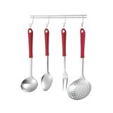 Conjunto Utensílios Em Inox Com Cabo Plástico 4 Pçs + Suporte Linha Elegance